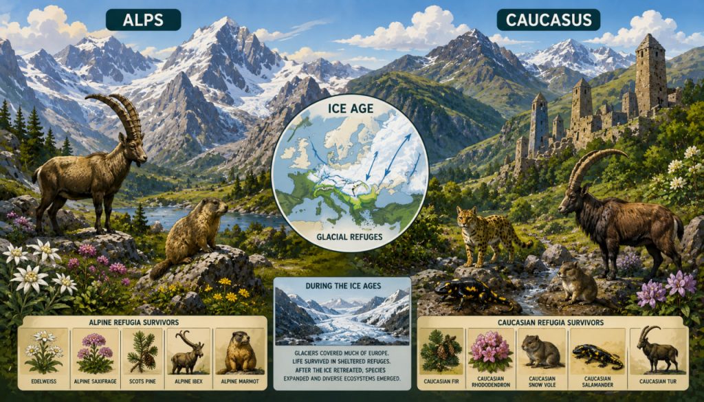 Glacial Refuges: Which Species Survived the Ice Ages in the Alps and the Caucasus?