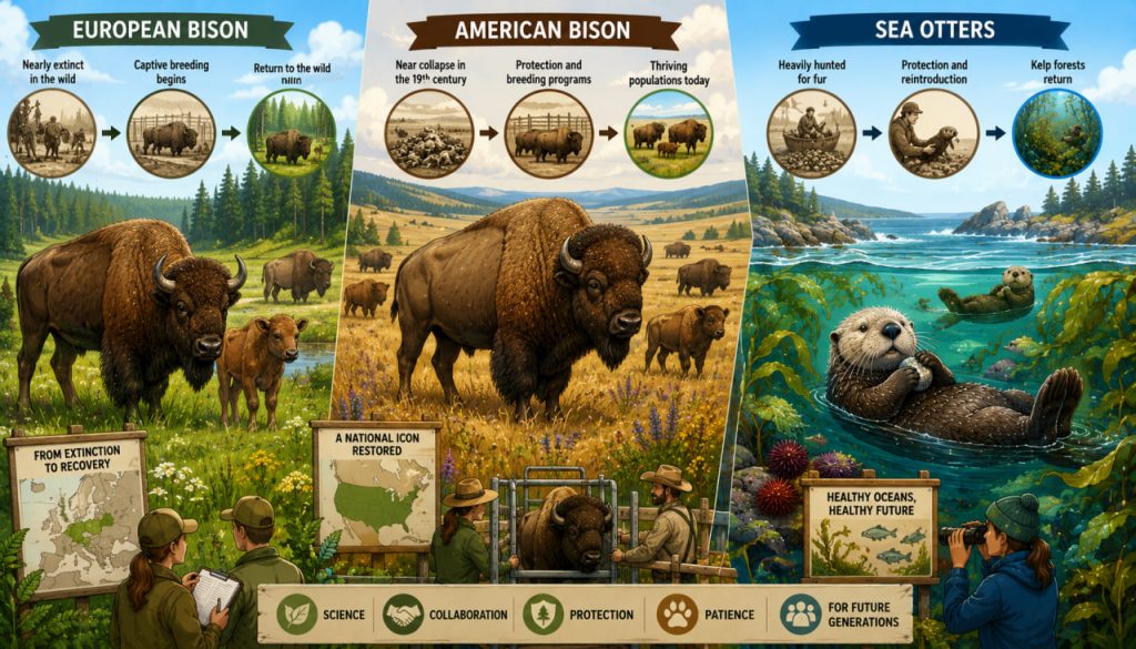 Species Reintroduction: The Remarkable Return of European Bison, American Bison, and Sea Otters
