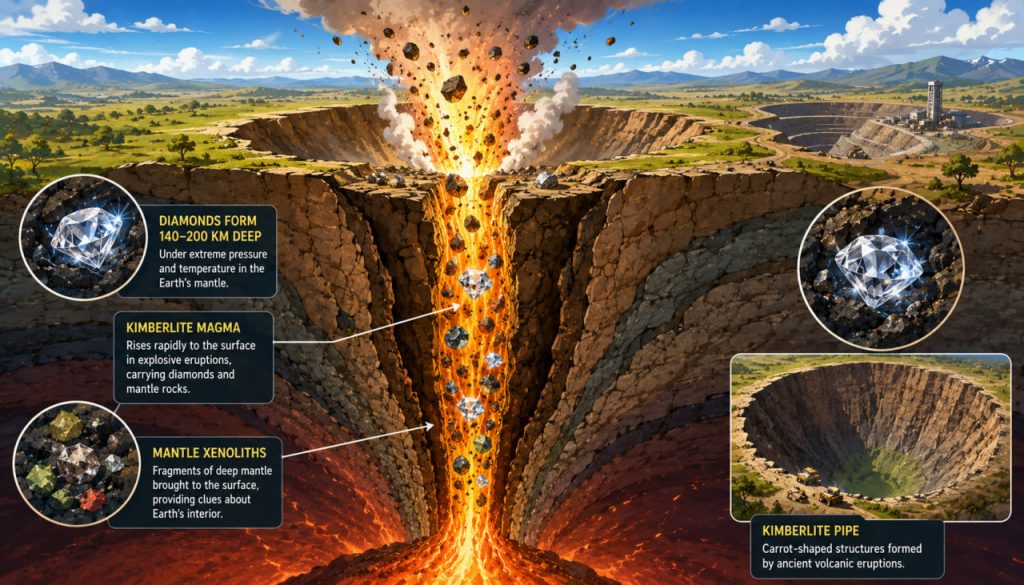 Kimberlite Pipes: Volcanoes That Bring Diamonds from 200 Kilometers Below Earth