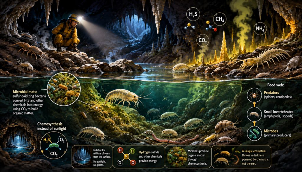 Lost Worlds of Isolated Caves: Ecosystems Without Sunlight Powered by Hydrogen Sulfide