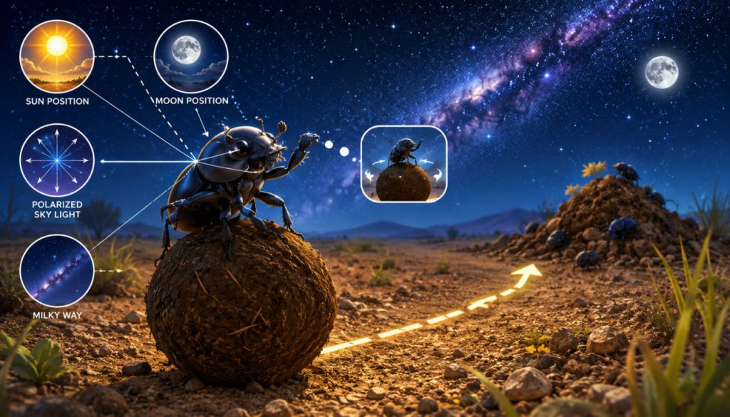 Scarab Beetle Astronavigation: How Dung Beetles Use the Sky to Roll in a Straight Line
