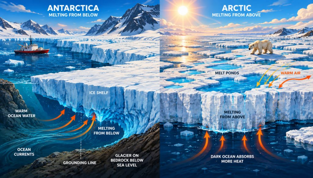 The Antarctic Ice Mystery: Why It Melts From Below While Arctic Ice Melts From Above